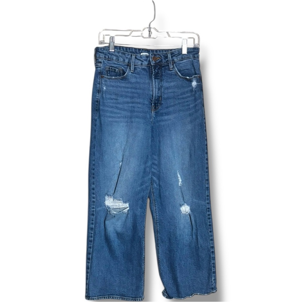 Old Navy Dark Indigo Blue Denim Distressed Knees Ankle Length Wide-Leg Jeans - Picture 2 of 11